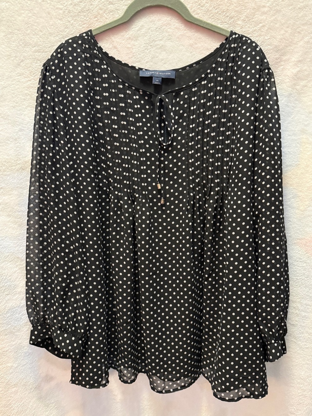 Tommy Hilfiger Black and White Polka Dot Tie-Neck Blouse Size 2X